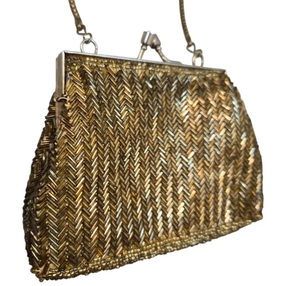 Vintage Late 1950s Hand-Beaded Evening Bag Dense Bugle Beads Made In Hong Kong - Picture 3 of 8